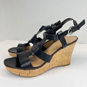 FRANCO SARTO Cera WOMENS 7.5M Black Cork Wedge Strappy Sandals Excellent! No Box